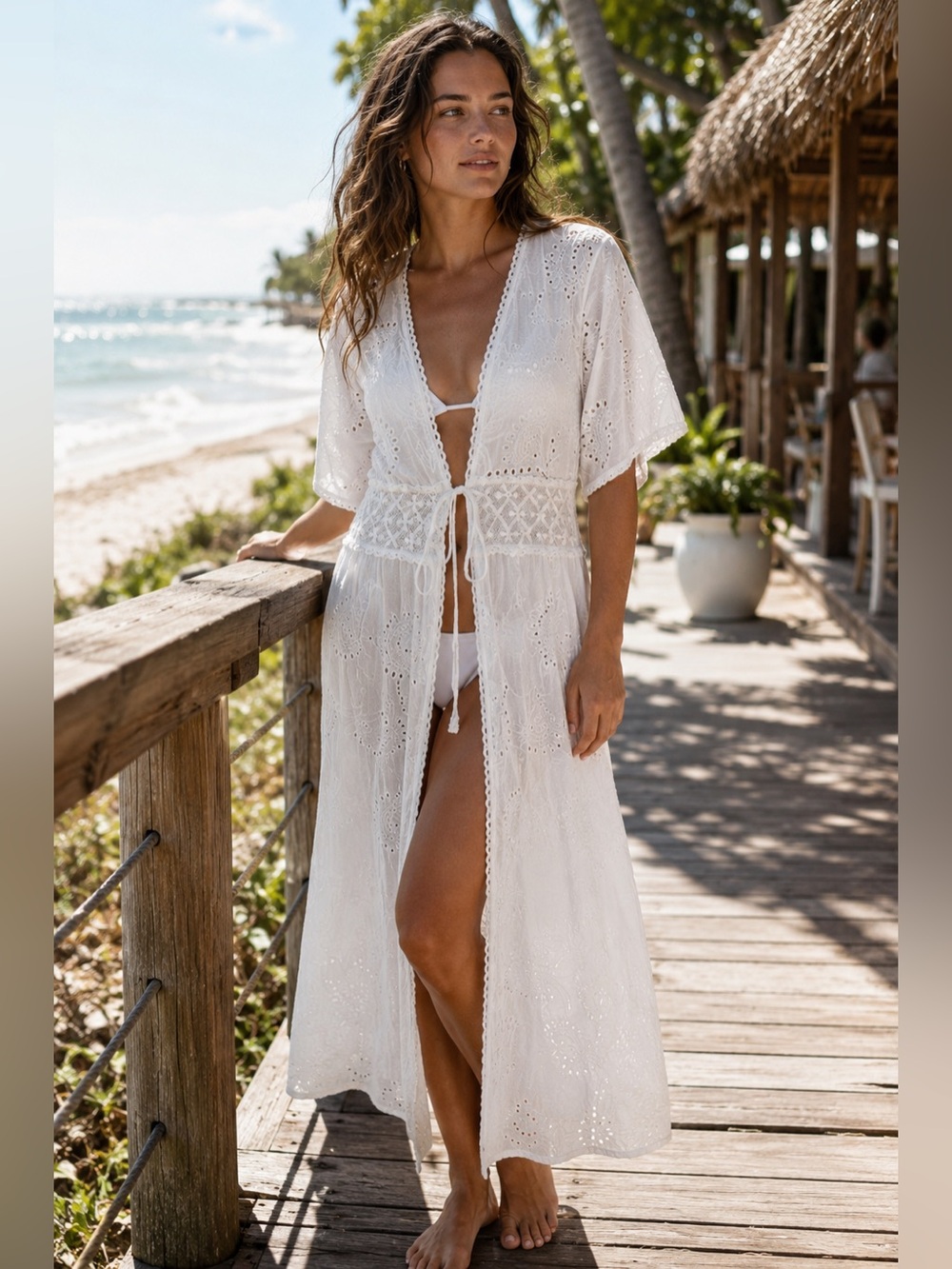 Luisa Perla Women’s White Eyelet Swim Coverup Maxi with Tie Waist
